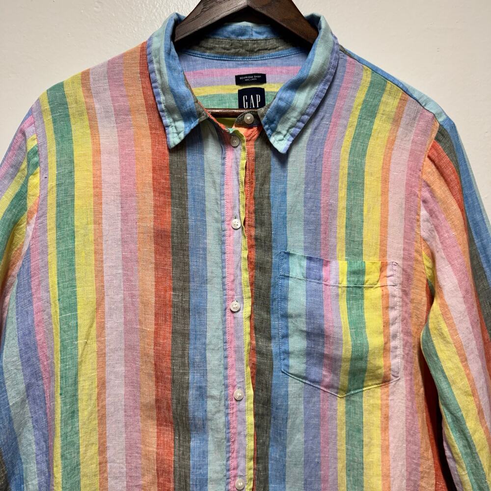 GAP Boyfriend Shirt Linen Stripe Button Up Top Sz L Coastal Beach Colorful - Picture 4 of 10
